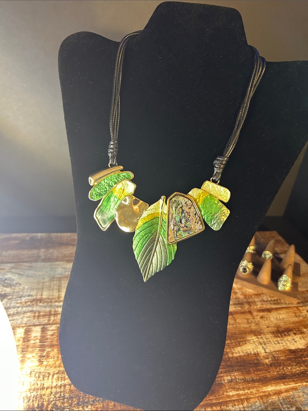 Green Leaf Pendant Necklace with Gold Accents - Women Jewelry